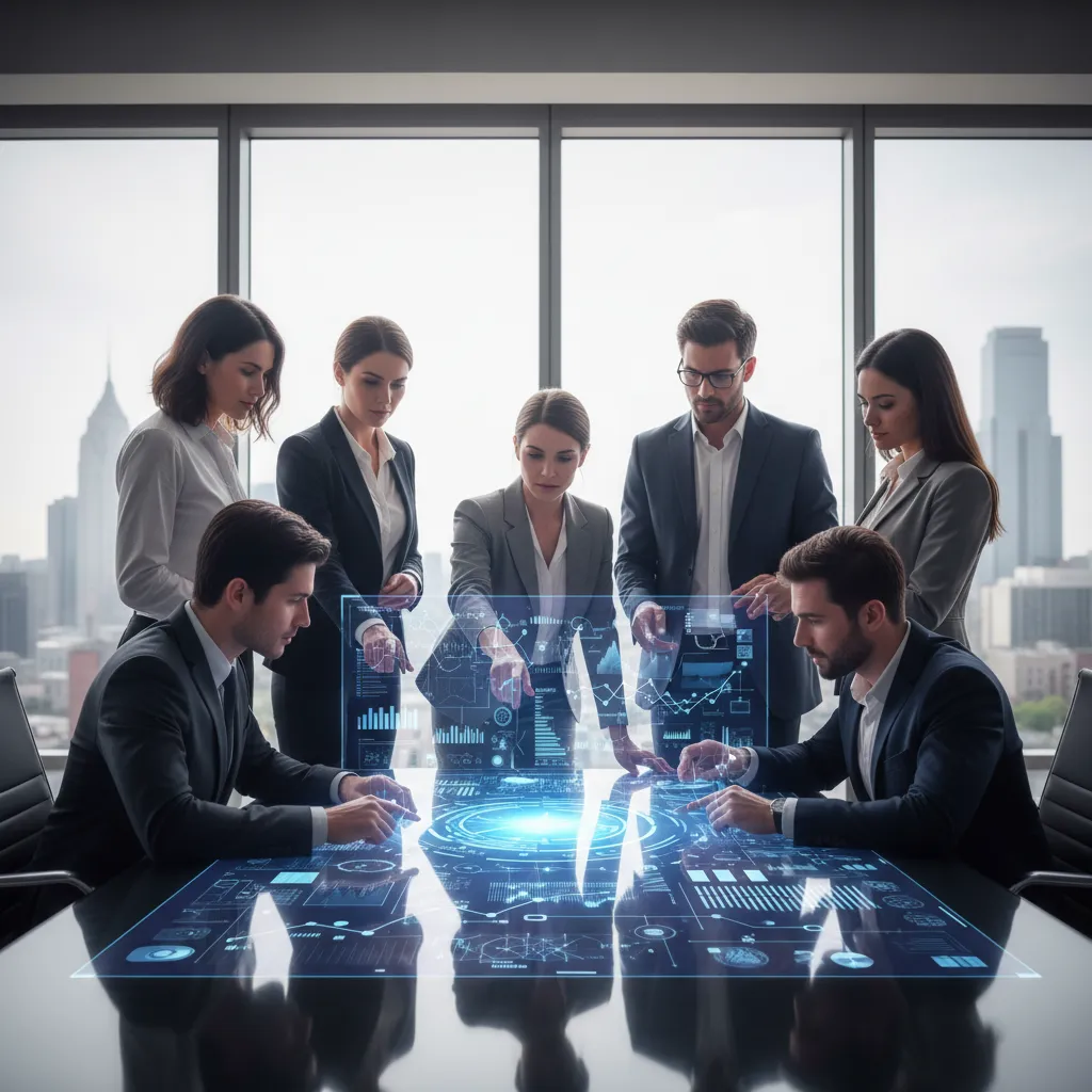 Business executives using AI insights on a digital display for strategic planning.