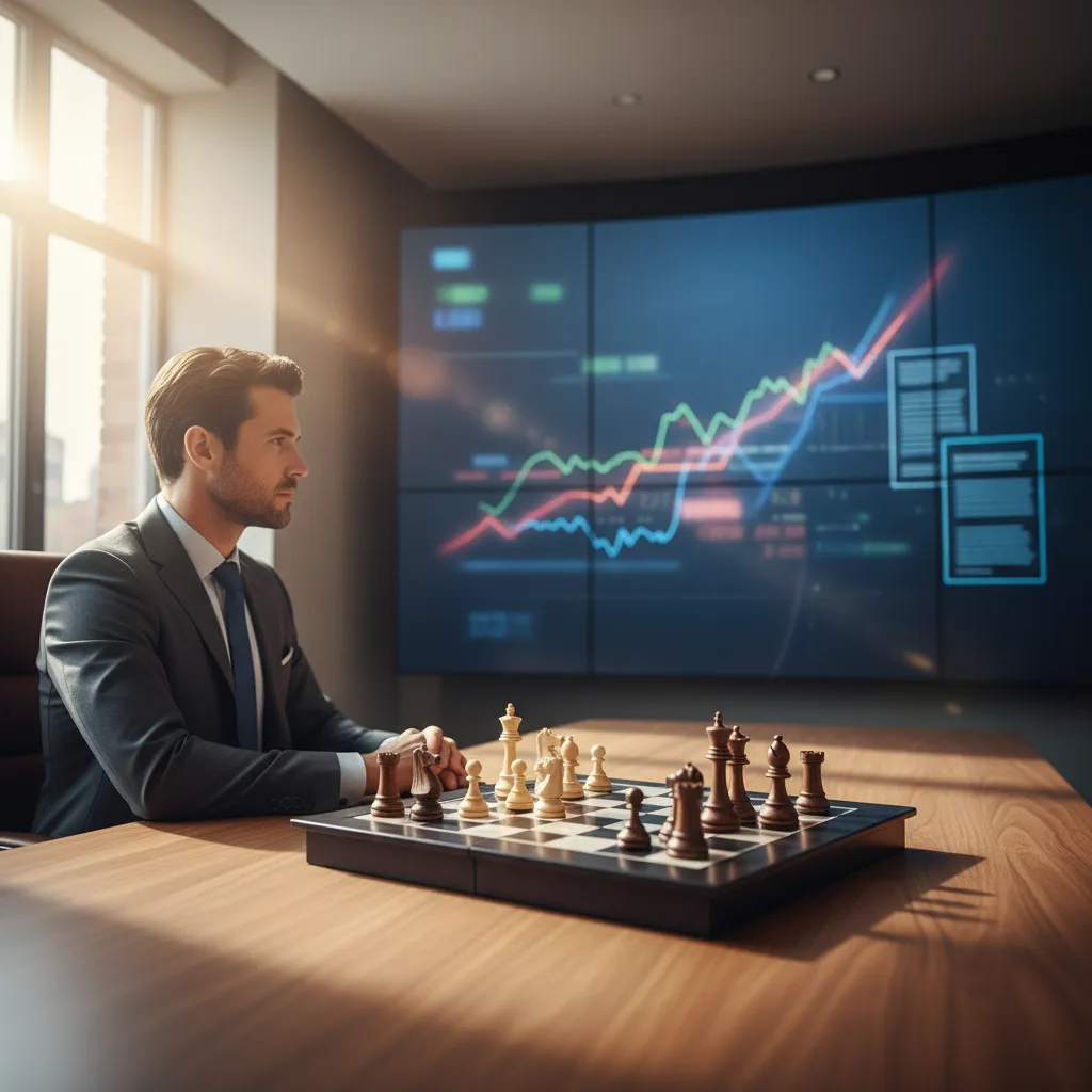 An investor analyzing merger arbitrage opportunities with financial charts and M&A documents