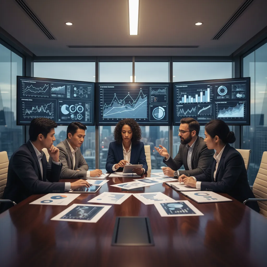 Team of private equity professionals conducting due diligence, analyzing financial data and strategic reports.