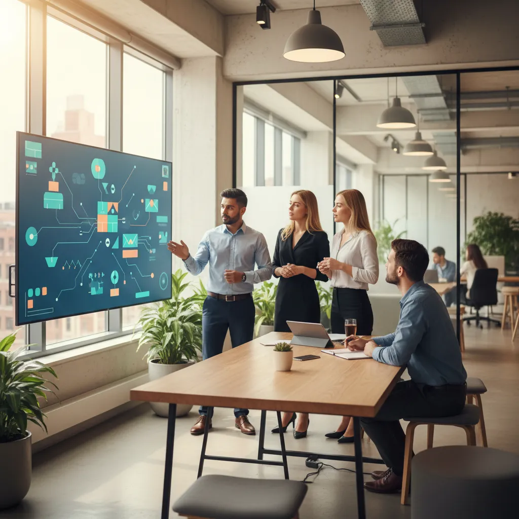 Business professionals strategically managing and optimizing SaaS subscriptions on a large digital display in a modern office