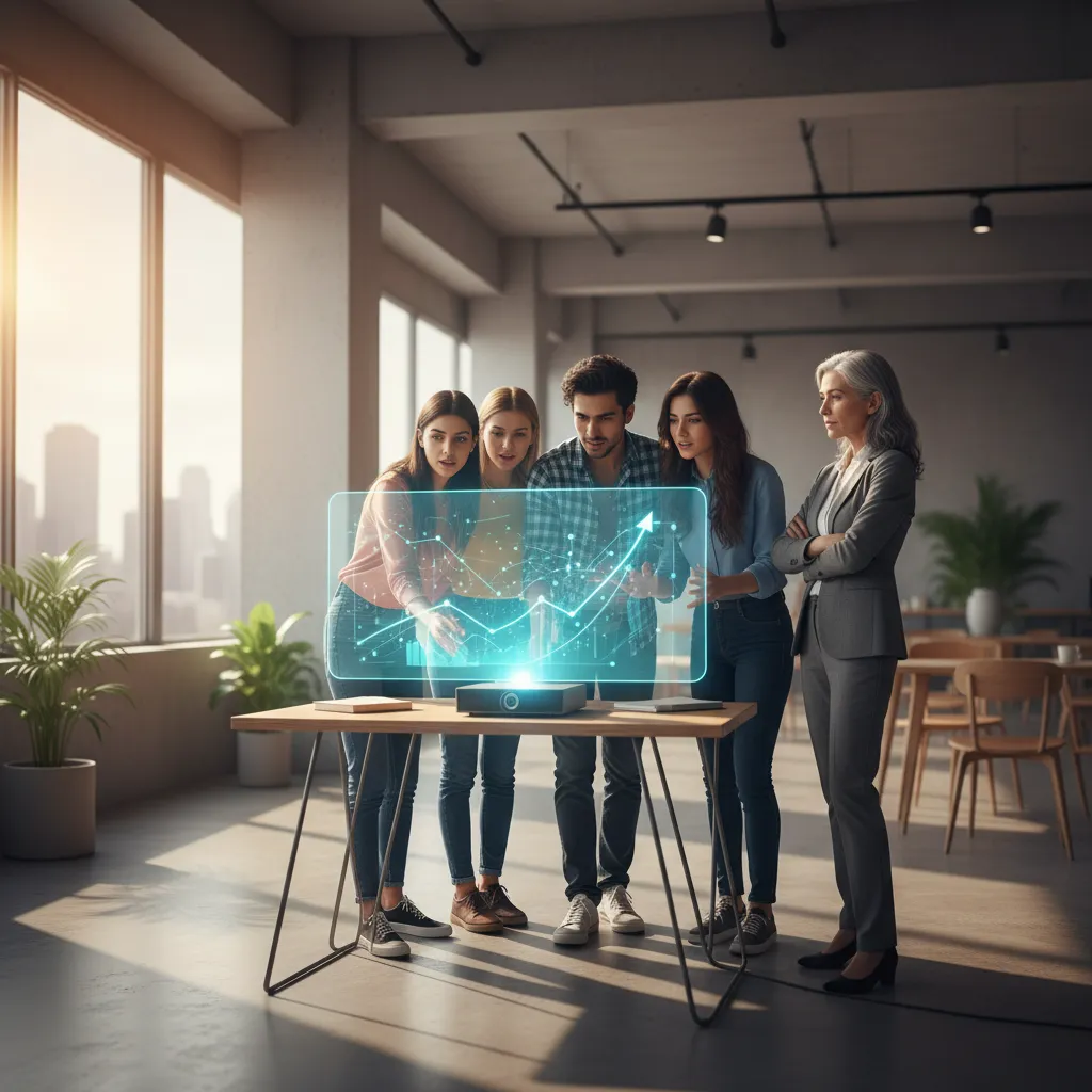 Startup founders and a venture capitalist analyze growth projections on a holographic screen, symbolizing venture capital fueling innovation.